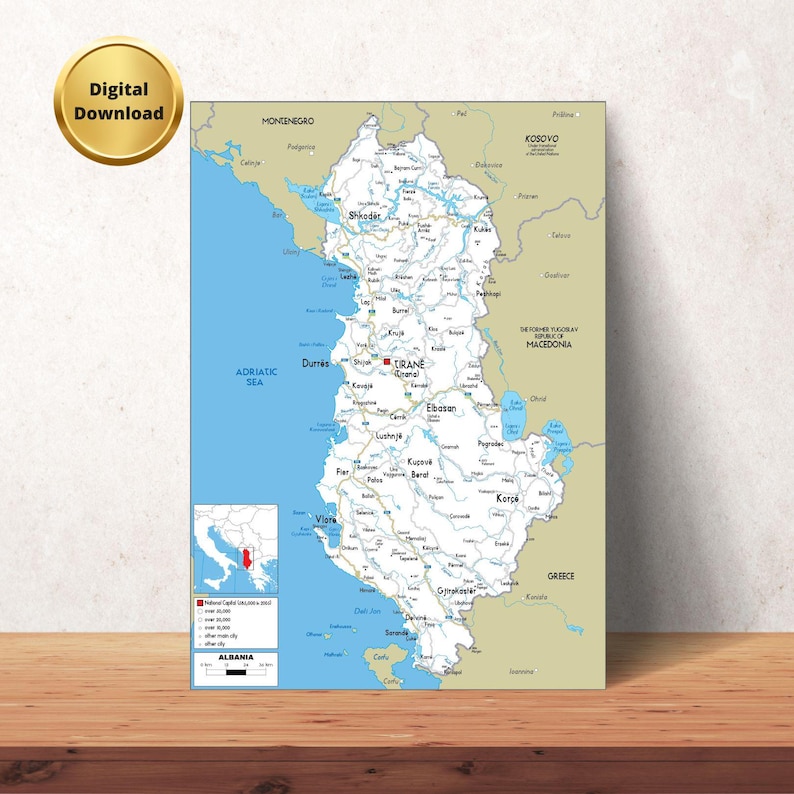 ALBANIA Political Map + Topography & Road (printable) - Etsy