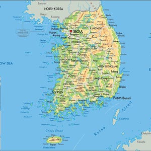 Sehr detaillierte Südkorea-Karte zum Ausdrucken, Set mit 3 Karten im A3-Format: Politische Karte, Topografie und Straßennetz – ideal für Klassenzimmer, Büro oder als Dekoration zu Hause. Bild 12