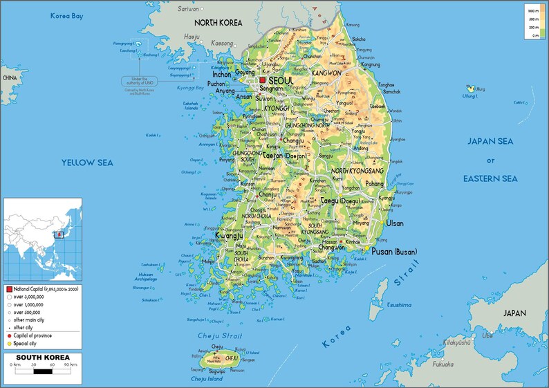 Sehr detaillierte Südkorea-Karte zum Ausdrucken, Set mit 3 Karten im A3-Format: Politische Karte, Topografie und Straßennetz – ideal für Klassenzimmer, Büro oder als Dekoration zu Hause. Bild 12