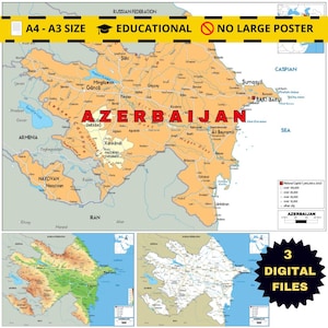 May include: A detailed map of Azerbaijan, featuring cities, geographical features, and the country's name in large red letters. The map includes the text "A4 - A3 SIZE", "EDUCATIONAL", and "3 DIGITAL FILES".