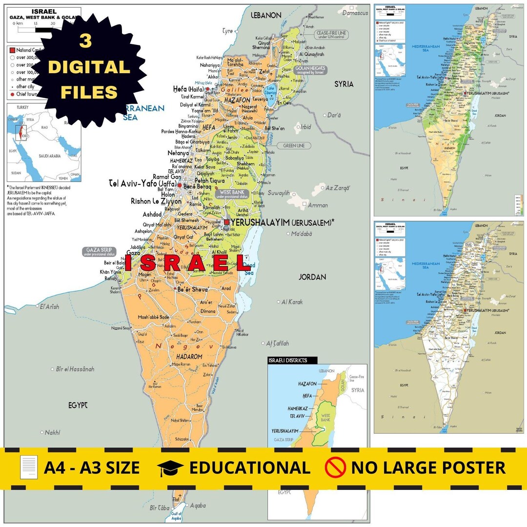 Israel Map.pdf Israel Political, Physical & Road Maps (printable Digital Download) - Etsy