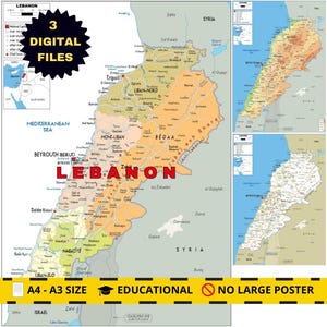 May include: A detailed map of Lebanon, featuring cities, regions, and geographical features. The map includes the text "LEBANON" in large red letters. Additional maps and text are included, with the words "3 DIGITAL FILES" and "EDUCATIONAL".