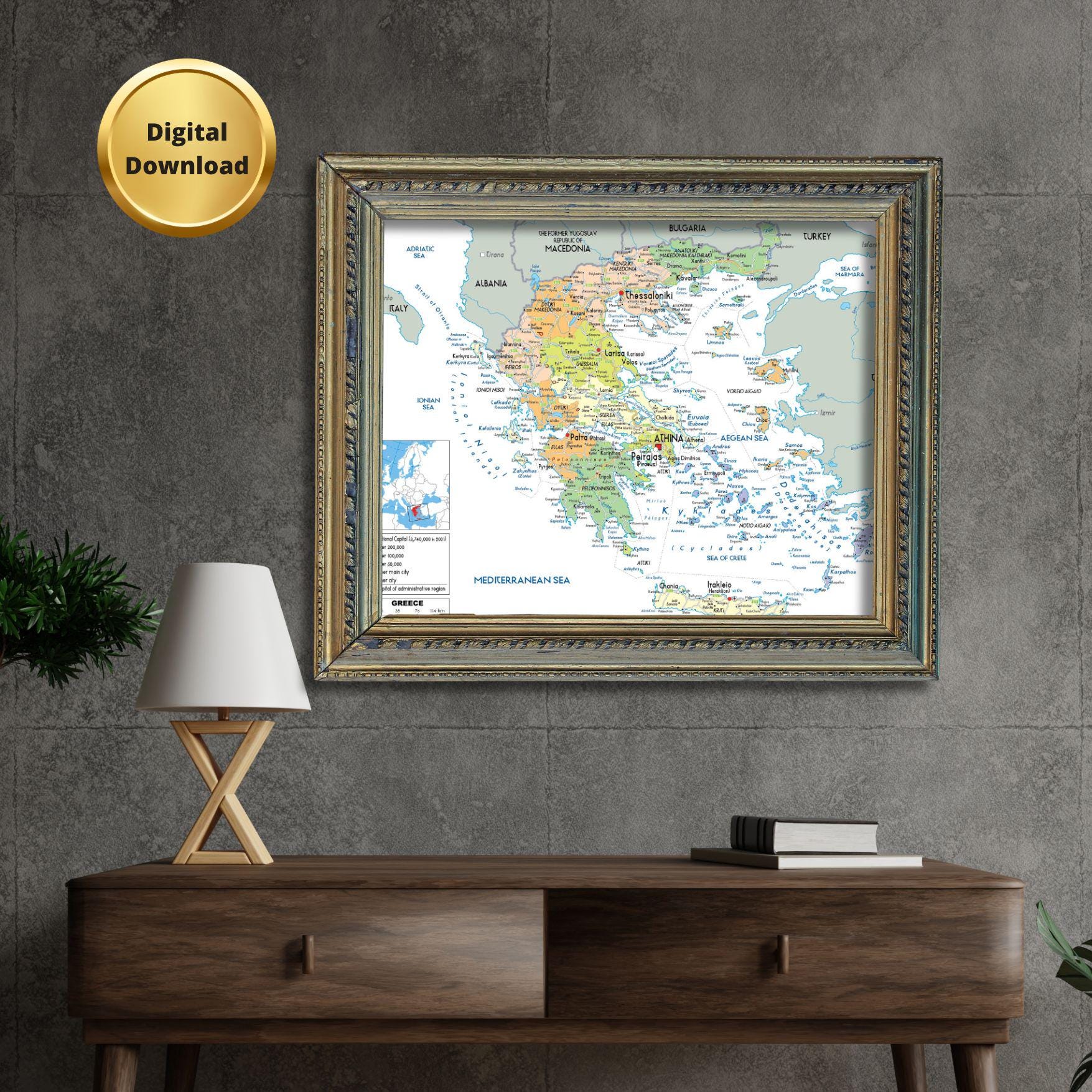 Greece Map.pdf Printable GREECE Political Map + Bonus Topography & Road Poster A3 Size ...