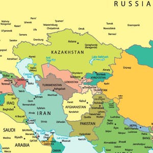 May include: A colorful political map of Central Asia, highlighting countries like Kazakhstan, Iran, and Afghanistan. Major cities and bodies of water are labeled, with a focus on geographical features and borders.