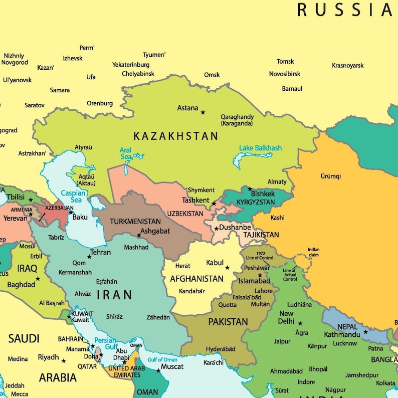 May include: A colorful political map of Central Asia, highlighting countries like Kazakhstan, Iran, and Afghanistan. Major cities and bodies of water are labeled, with a focus on geographical features and borders.