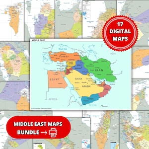 Puede incluir: Una colección de mapas digitales coloridos de Oriente Medio, con un mapa central que destaca países como Turquía, Irán y Arabia Saudita. Un gráfico rojo indica "17 MAPAS DIGITALES". Otro gráfico indica "PAQUETE DE MAPAS DE ORIENTE MEDIO".
