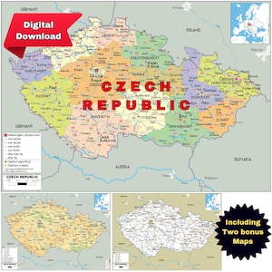 Czech Republic (Czechia) Map Set Printable Political, Topography & Roads
