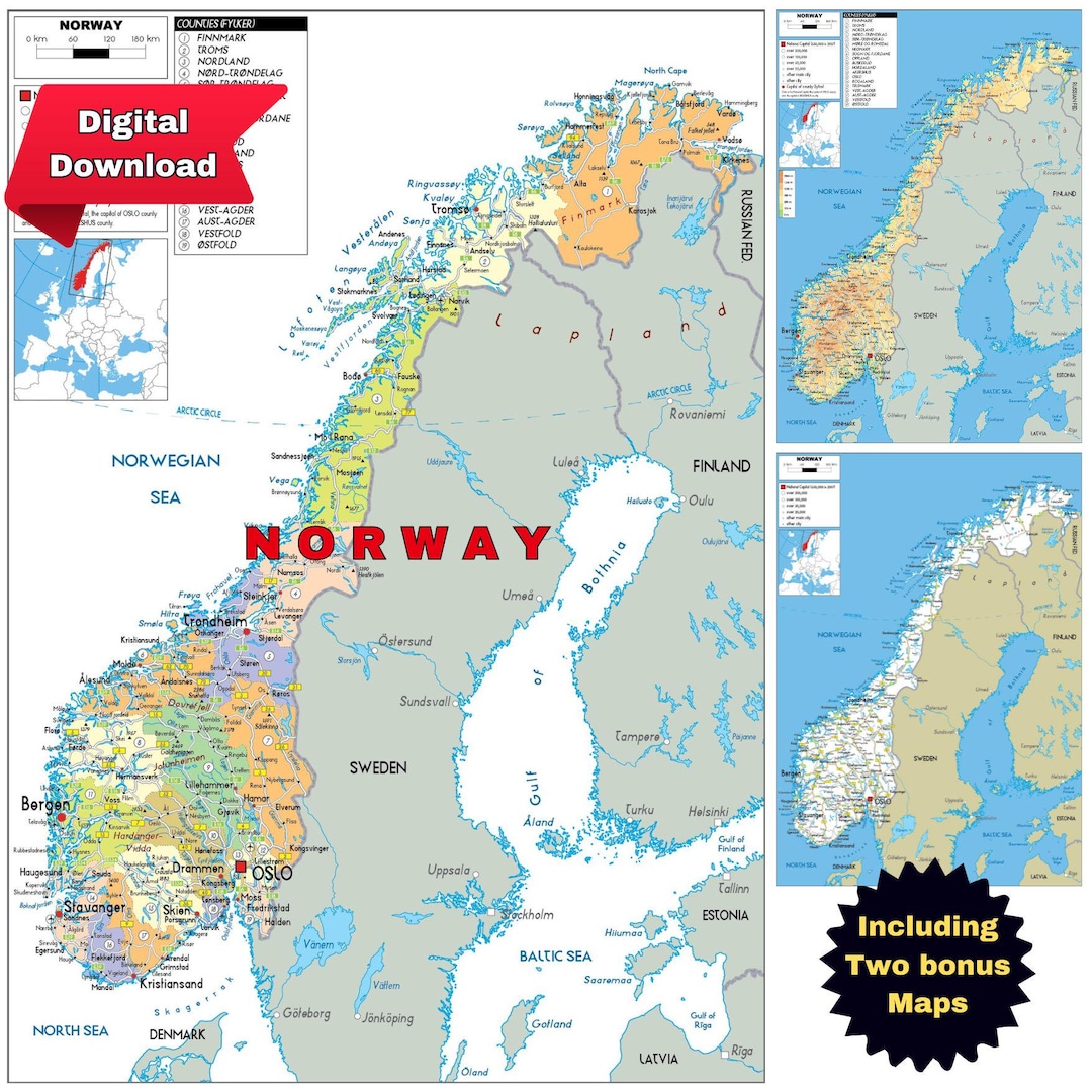 Norway Map.pdf Printable NORWAY Political Map + 2 Bonus Topography & Roads - Etsy
