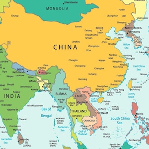 May include: A colorful map of East Asia, highlighting countries like China, India, and Thailand. Major cities and bodies of water are labeled, including the South China Sea and the Bay of Bengal. The map is a visual guide to the region.