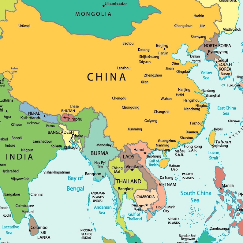 May include: A colorful map of East Asia, highlighting countries like China, India, and Thailand. Major cities and bodies of water are labeled, including the South China Sea and the Bay of Bengal. The map is a visual guide to the region.