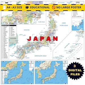 カラフルな日本の政治地図（都道府県、都市、境界線付き、道路と地形図2枚付き、A3サイズ）