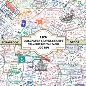 Carimbos de passaporte de viagem para impressão sem costura, papel digital, colagem colorida, fundo de visto de turista mundial para scrapbook, quadro de visão e decoração