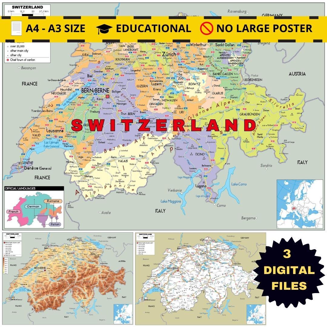 スイスの政治地図（印刷可能）+道路と地形 - Etsy 日本