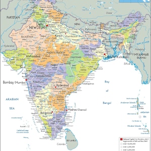 Mappa dettagliata dell'INDIA stampabile, politica, topografia e strade, formato A3, poster digitale scaricabile per istruzione, affari, viaggi o arredamento per la casa immagine 12