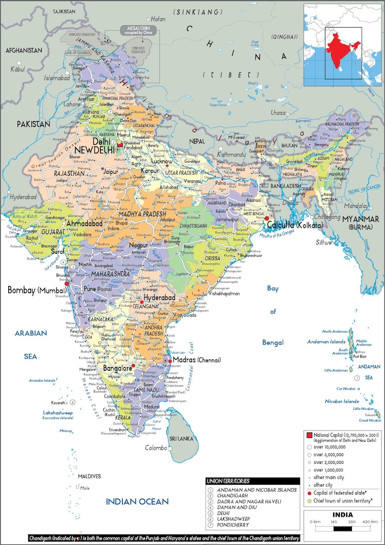 Mappa dettagliata dell'INDIA stampabile, politica, topografia e strade, formato A3, poster digitale scaricabile per istruzione, affari, viaggi o arredamento per la casa immagine 12