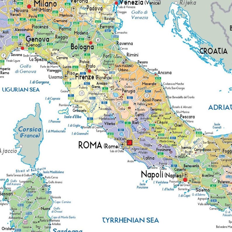 Italy Political DIGITAL Map Printable With Regions Cities Borders & 2 ...