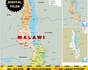 Malawi-Kartenpaket: Politische Karte, physische Karte und Straßennetz (Druckbarer digitaler Download)