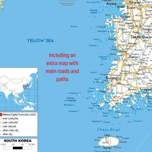 K&ouml;nnte beinhalten: Eine Karte von S&uuml;dkorea mit den wichtigsten St&auml;dten und Stra&szlig;en. Die Karte enth&auml;lt eine kleinere Einlegekarte von Ostasien, die die Lage von S&uuml;dkorea zeigt. Die Karte ist mit "Enth&auml;lt eine zus&auml;tzliche Karte mit Hauptstra&szlig;en und Wegen" beschriftet.