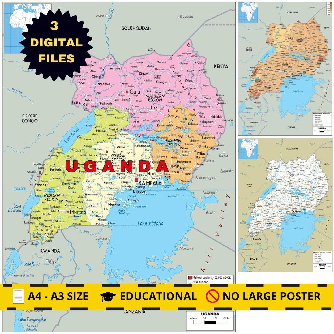 Detailed Uganda Printable Maps: Political, Physical & Road Layout - Etsy