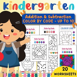 Puede incluir: Un conjunto de 20 hojas de trabajo educativas para niños de preescolar. La imagen presenta una niña de dibujos animados, la palabra "Kindergarten" y "Addition & Subtraction COLOR BY CODE - UP TO 10". Las hojas son actividades de colorear por código.
