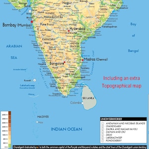 Pu&ograve; includere: Una mappa dell'India con le principali citt&agrave; e gli stati etichettati. La mappa include una chiave di elevazione codificata a colori e una legenda per i territori dell'Unione. La mappa include anche una piccola mappa inserita delle isole Lakshadweep.
