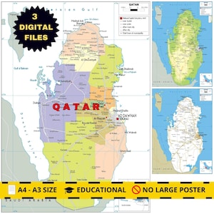 Puede incluir: Un mapa detallado de Qatar, que muestra la geografía, las ciudades y las regiones del país. El mapa incluye el texto "QATAR" en letras rojas grandes y está acompañado de mapas más pequeños y texto que indica el tamaño y el uso educativo.