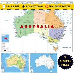 Printable Australia Digital Political Map Colorful Mapping with Countries Cities Seas Roads & Two bonus maps with additional features A3