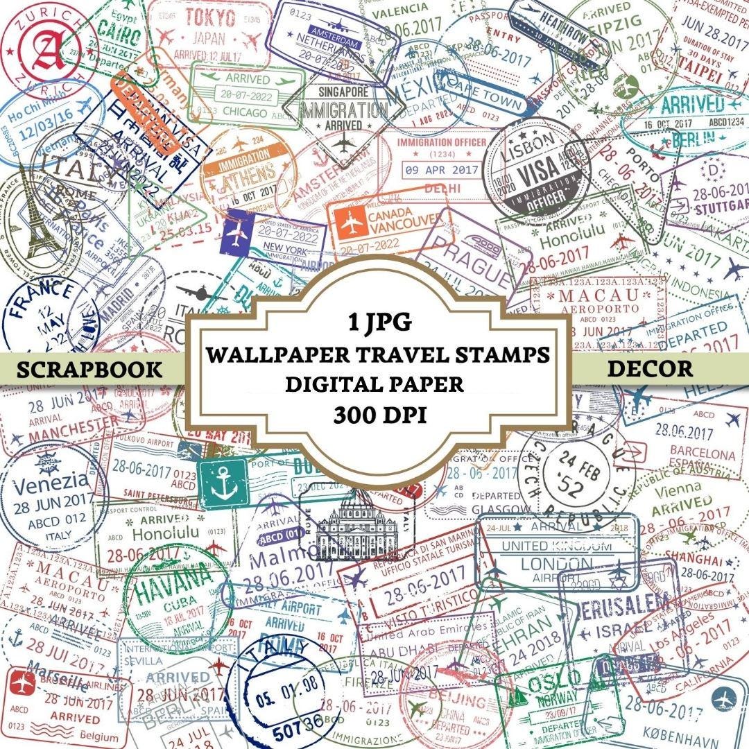 Toursit Paper Printable Travel Passport Stamps Digital Paper, Colorful Collage World ...
