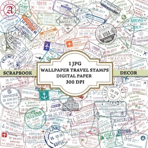 Carimbos de passaporte de viagem para impressão em papel digital, colagem colorida, fundo de visto de turista mundial para scrapbook, quadro de visão e decoração