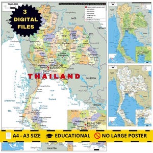 Printable THAILAND Political Map Digital Download and 2 bonus Topography & Roads for Students, Travel offices, Business or Home Deco A3 size