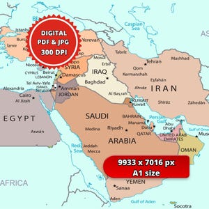 May include: A detailed map of the Middle East and surrounding areas, including countries such as Saudi Arabia, Iran, and Egypt. The map shows city names and geographical features. Text on the map indicates it is a digital PDF and JPG file, 300 DPI, A1 size, 9933 x 7016 px.
