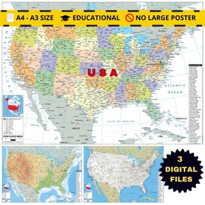 Druckbare politische Karte der USA: Buntes Poster zum Herunterladen mit allen 50 Bundesstaaten, Hauptstädten, Städten, Autobahnen, Straßen und geografischen Details.