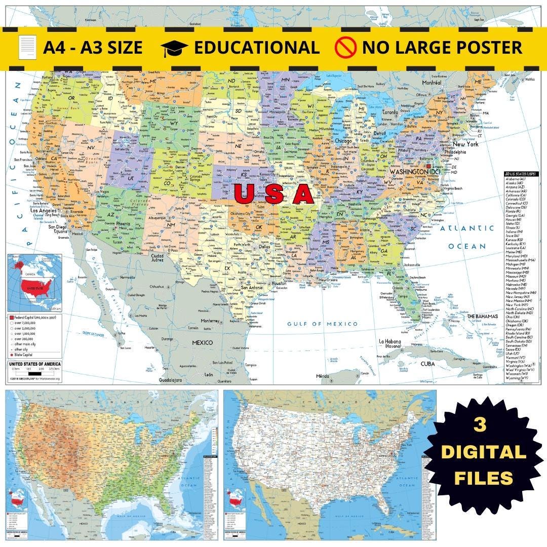 Printable USA Political Map Downloadable Colorful Poster With All 50 ...