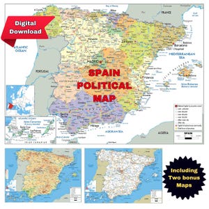 SPANIEN Detaillierte politische Karte, sofortiger Download, druckbar, mit Regionen, Städten und Grenzen + 2 Bonuskarten mit Straßen und Topografie, 96 dpi, A3