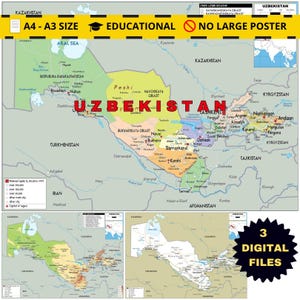 Pode incluir: Um mapa educacional detalhado do Uzbequistão, com divisões regionais e principais cidades. O mapa apresenta o texto "UZBEKISTAN" em letras vermelhas grandes, com a indicação A4-A3 e "3 DIGITAL FILES".