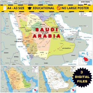 Op de afbeelding: Een kleurrijke kaart van Saoedi-Arabië, met belangrijke steden en geografische kenmerken. De kaart bevat de tekst "SAUDIA ARABIA" in grote rode letters. Extra kleinere kaarten en de tekst "3 DIGITAL FILES" zijn ook aanwezig.
