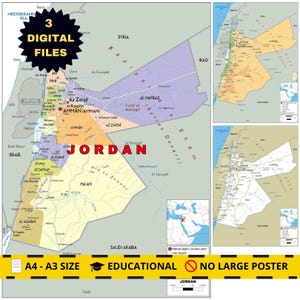 Può includere: Una mappa colorata della Giordania, con città, confini e dettagli geografici. Include il testo "3 DIGITAL FILES" e "A4 - A3 SIZE EDUCATIONAL". Ulteriori mappe sono visualizzate in alto a destra.