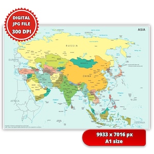 Puede incluir: Un mapa detallado de Asia, con países en varios colores. El mapa incluye el texto "ASIA" en la esquina superior derecha y "EUROPA" y "ÁFRICA" a la izquierda. La imagen también incluye el texto "DIGITAL JPG FILE 300 DPI" y "9933 x 7016 px A1 size".