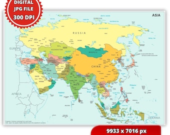 Carte de l'Asie haute résolution 300 DPI (format A1 imprimable) JPG + PDF