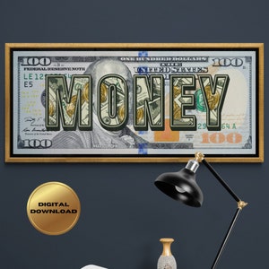 Extra Large 100 dollar bill for decor, Quote about Money and Succes, Stack of money, Money manifestation poster, Printable office wall decor