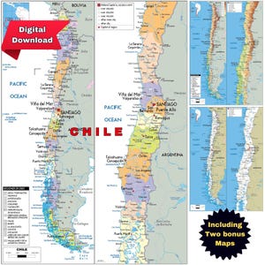 Ensemble de cartes du Chili : politique, topographie et routes