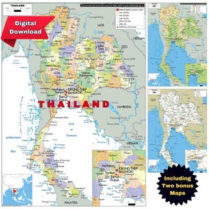 Carte politique imprimable de la THAÏLANDE en téléchargement numérique et 2 bonus de topographie et de routes pour les étudiants, les agences de voyage, les entreprises ou la décoration intérieure au format A3