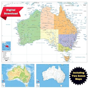 Druckbare digitale politische Karte Australiens. Bunte Kartierung mit Ländern, Städten, Meeren, Straßen und zwei Bonuskarten mit zusätzlichen Funktionen im A3-Format