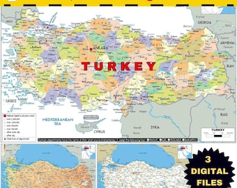 Printable TURKEY Political Map and 2 bonus Topography & Roads