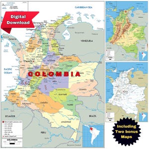 Colombia Political Map + Topography & Roads bonus