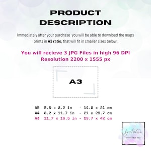 K&ouml;nnte beinhalten: Produktbeschreibung f&uuml;r druckbare Karten im A3-Format. Die Beschreibung enth&auml;lt die Aufl&ouml;sung und die Abmessungen der Karten in Zoll und Zentimetern. Der Text lautet: "You will recieve 3 JPG Files in high 96 DPI Resolution 2200 x 1555 px A3 11.7 x 16.5 in - 29.7 x 42 cm"
