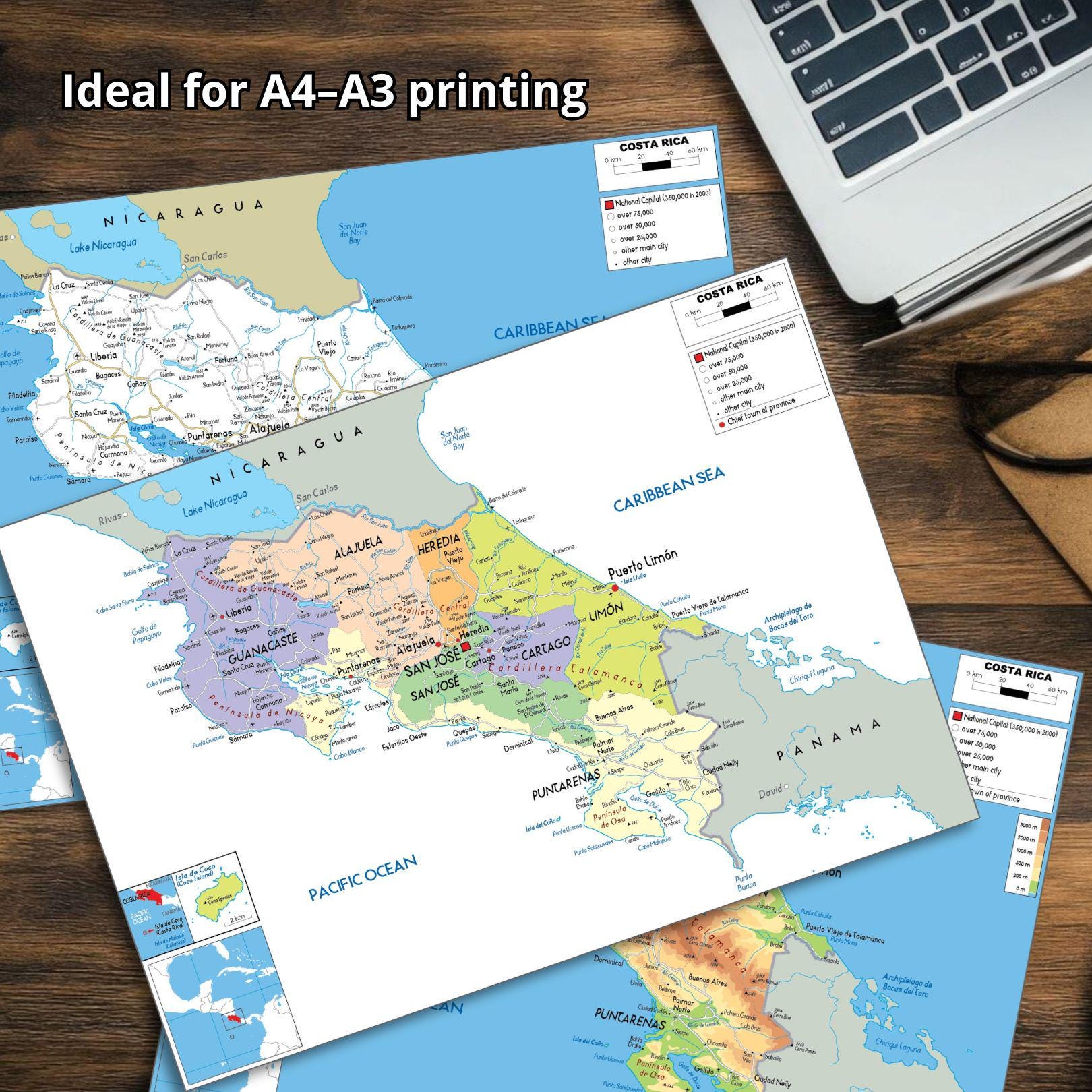 Costa Rica Work Map Printable COSTA RICA Political Map + Terrain & Roadways - Etsy Canada