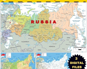 Printbare kaartenset van Rusland: Politiek, geografisch en wegennet (digitale download)
