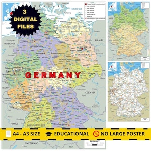 Puede incluir: Un mapa detallado de Alemania, con ciudades, regiones y carreteras. La palabra "GERMANY" se muestra en letras rojas grandes. La imagen también incluye mapas más pequeños y el texto "3 DIGITAL FILES", "A4 - A3 SIZE" y "EDUCATIONAL".