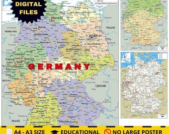 Mappa politica stampabile della Germania, mappatura DIGITALE dettagliata con città, confini e mari, incluse due mappe bonus con strade e topografia, A3